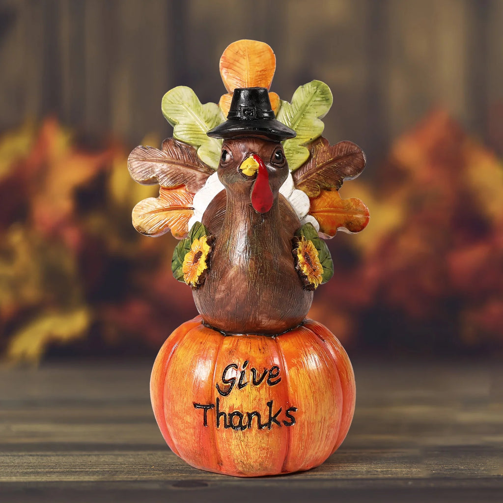 Hand-Painted Turkey Pumpkin Centerpiece Table Decoration with Artificial Maple Leaves Y3302