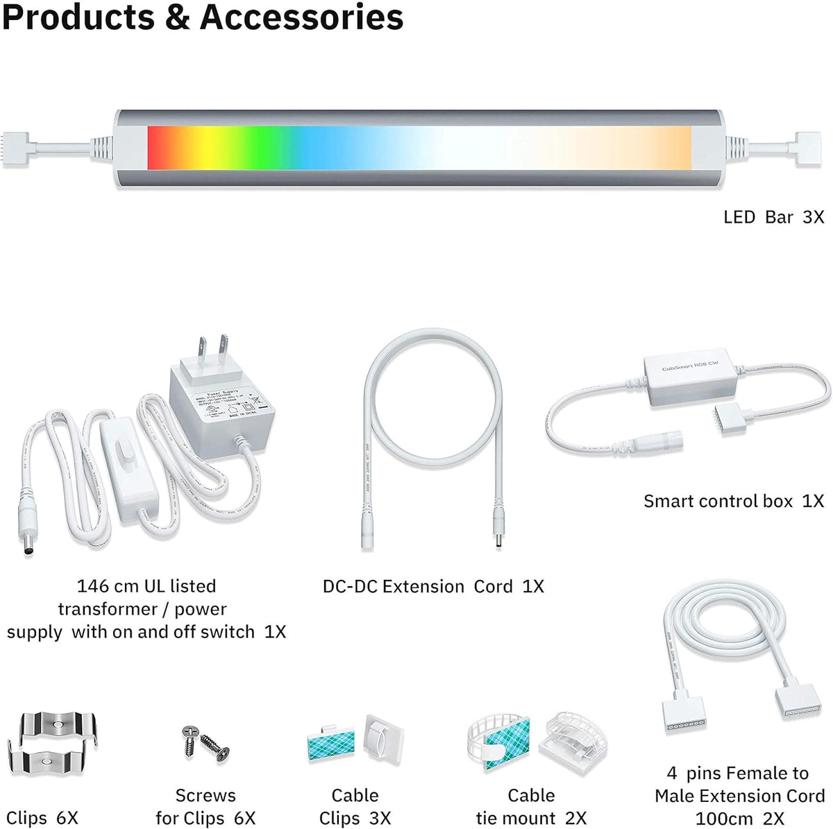 Under Cabinet Lighting Strip Lights White and Multi Color Dimmable 3 Lights Bar kit Pack of 2 G209386