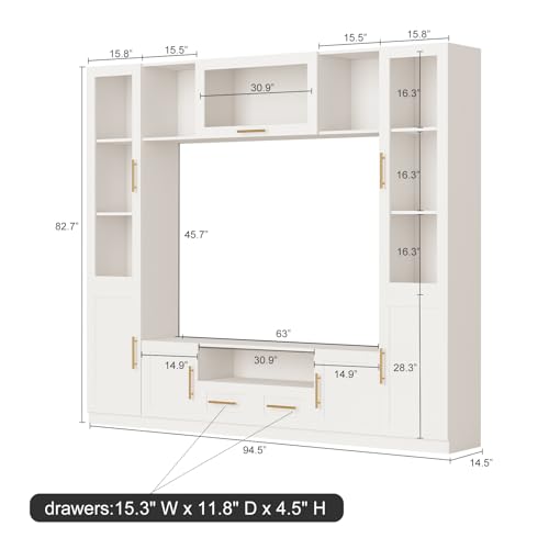White 4-Piece Large TV Stand Wall Unit with Bookshelves E754862