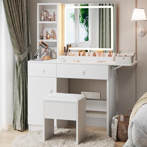 White Vanity Desk with Mirror and Lights A69407