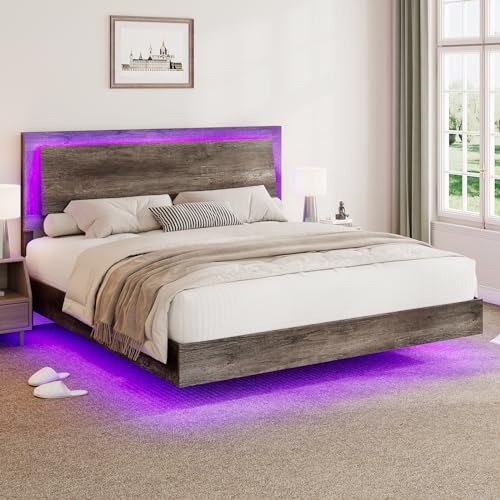 Rustic Grey Full Size Platform Bed Frame with Headboard and LED Light C322524
