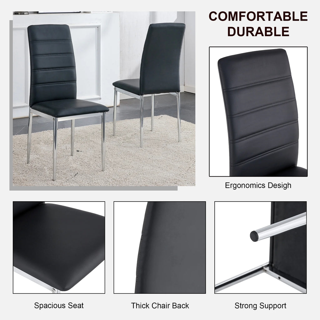 5 Piece Glass Dining Table Set with 4 Black PU Leather Chairs and Metal Legs L613153