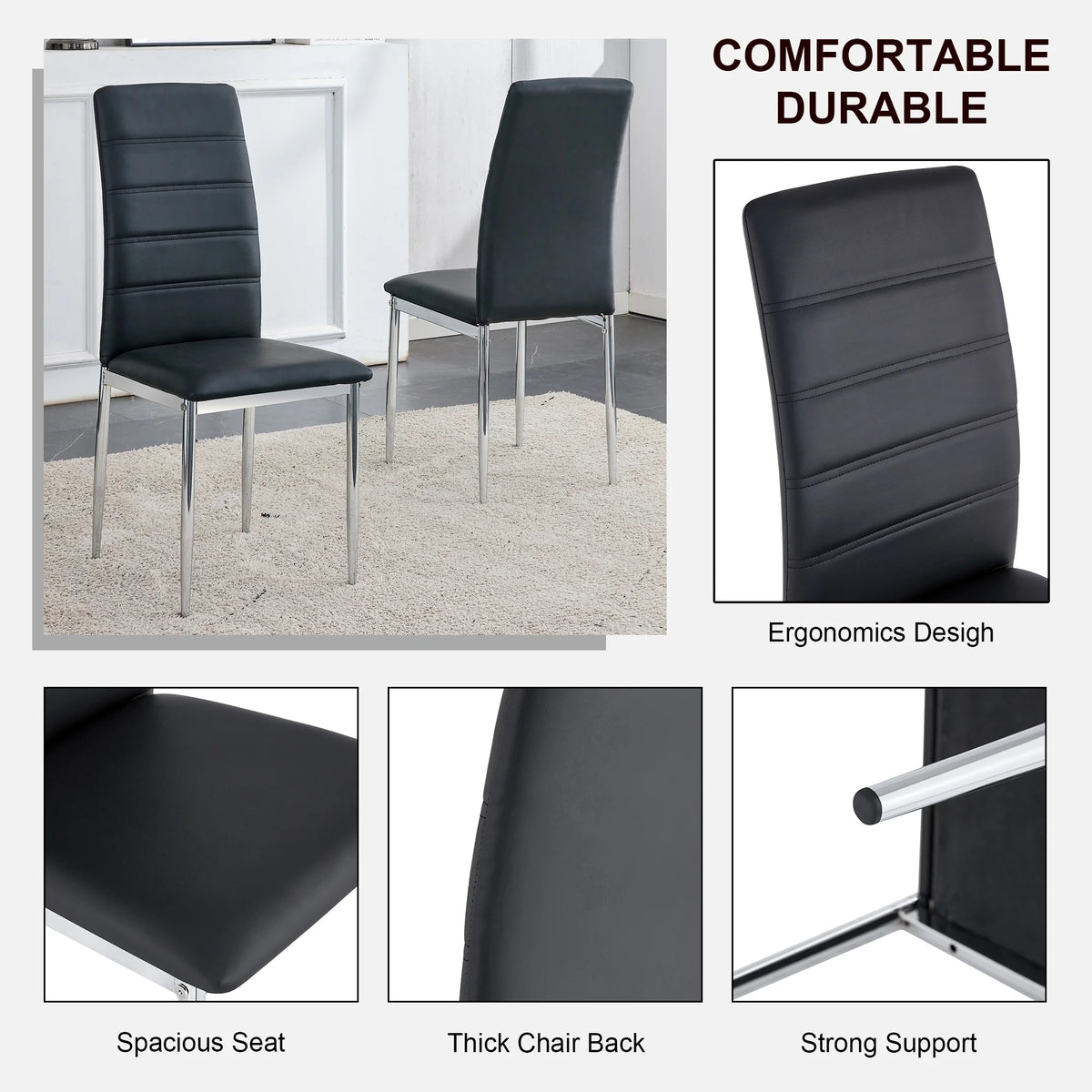 5 Piece Glass Dining Table Set with 4 Black PU Leather Chairs and Metal Legs L613153