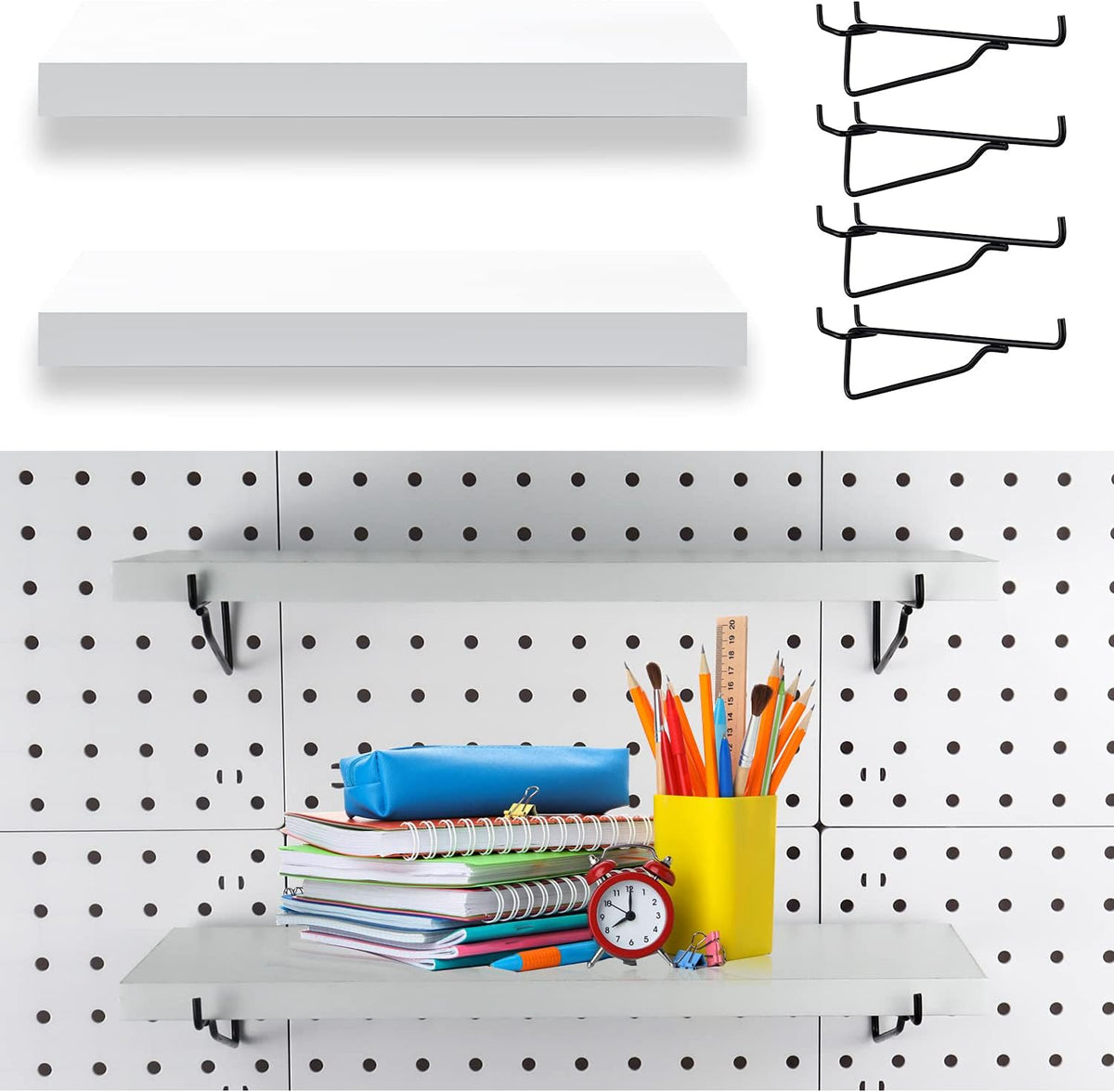 6 Pack White Pegboard Shelf Set with Hooks B554420