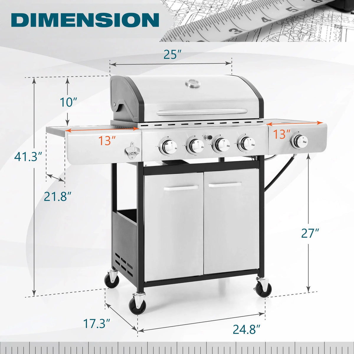 4-Burner Stainless Steel Propane Gas Grill with Side Burner C1696