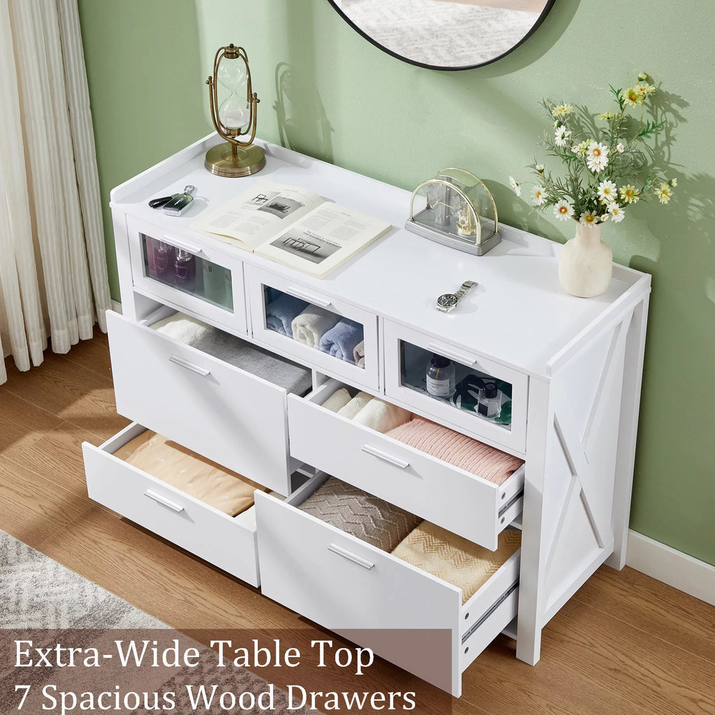 3-Piece Bedroom Set with 7 Drawers LED Dresser and 2 Nightstands, White Q447509