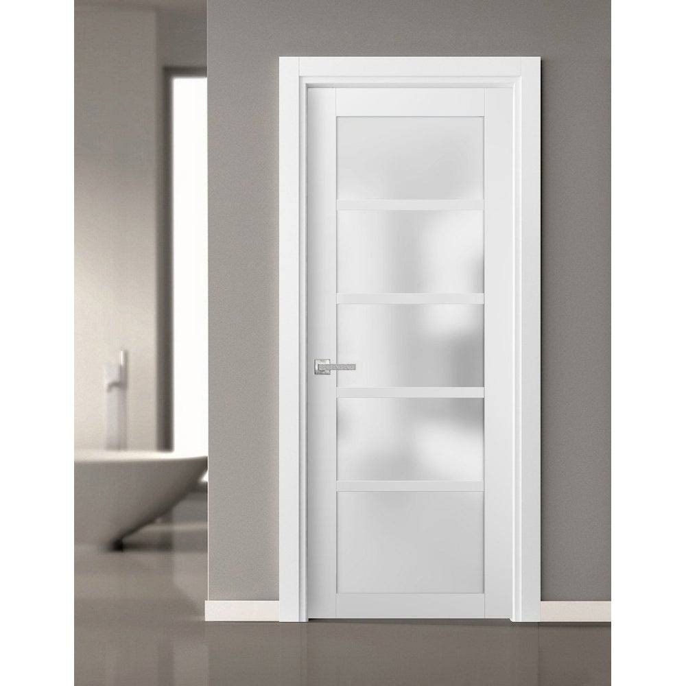 84 in. x 96 in. 3/4 Lite Frosted Glass Matte White Solid Wood Sliding Barn Door with Hardware Kit F7577