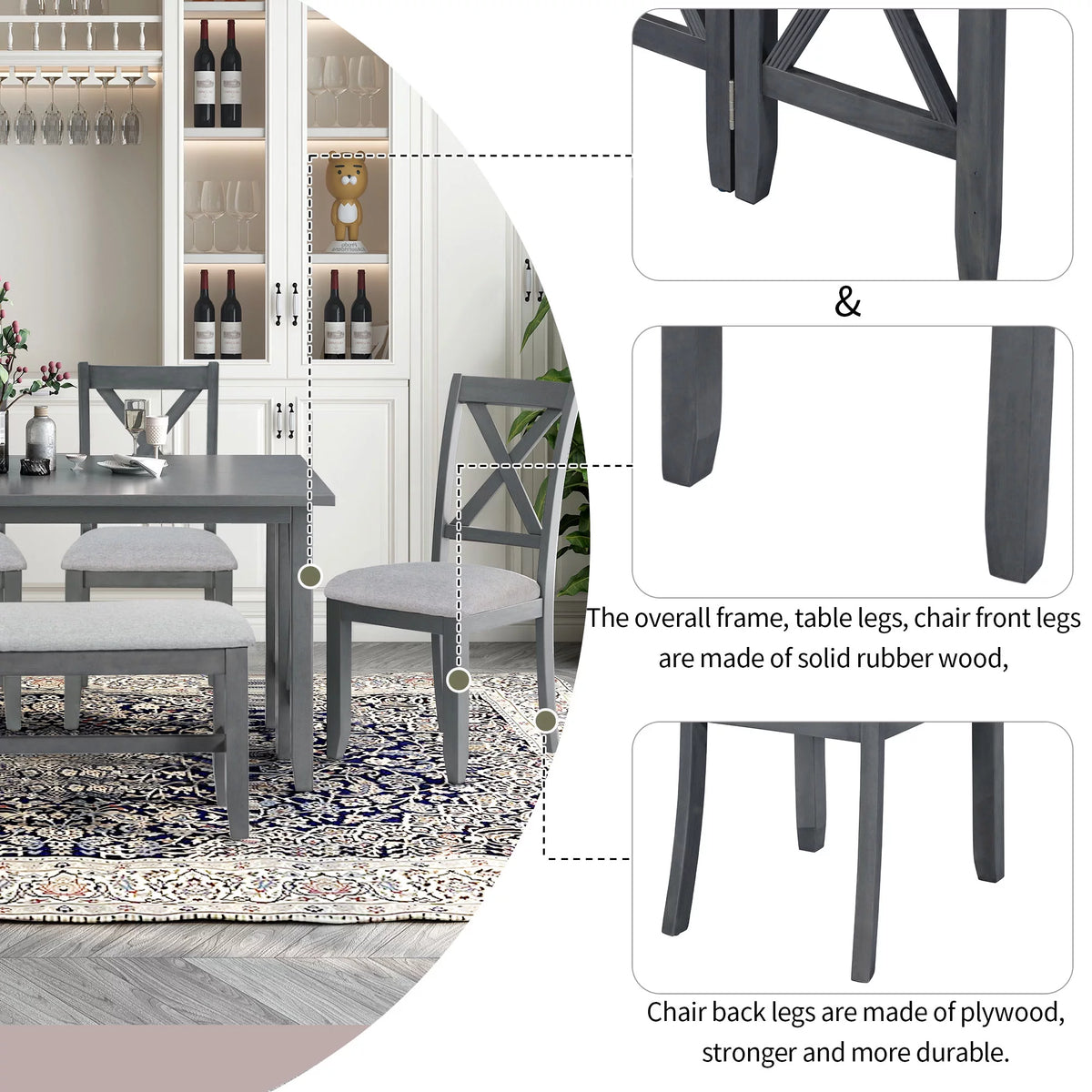 6-Piece Solid Wood Foldable Dining Table and 4 Chairs with Bench U424310