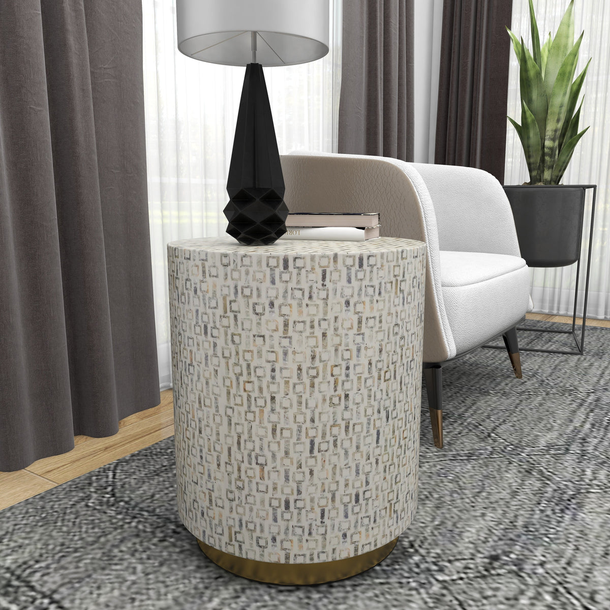 18" x 22" White Mother of Pearl Accent Table with Gold Base K935