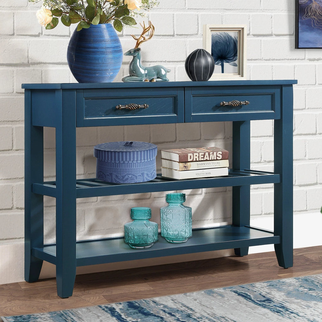 Navy Blue 42'' Solid Wood Console Sofa Table with 2 Drawers and 2 Shelves A414