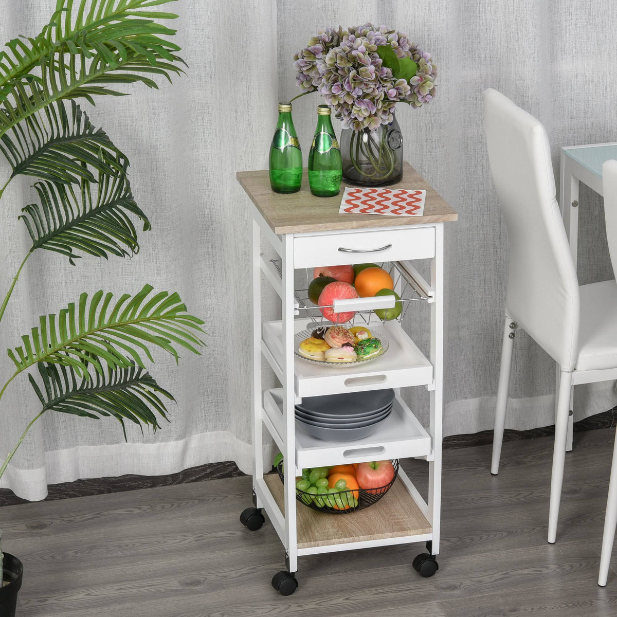 White Mobile Rolling Kitchen Island Trolley Serving Cart with Drawer and Wire Storage Basket P4691