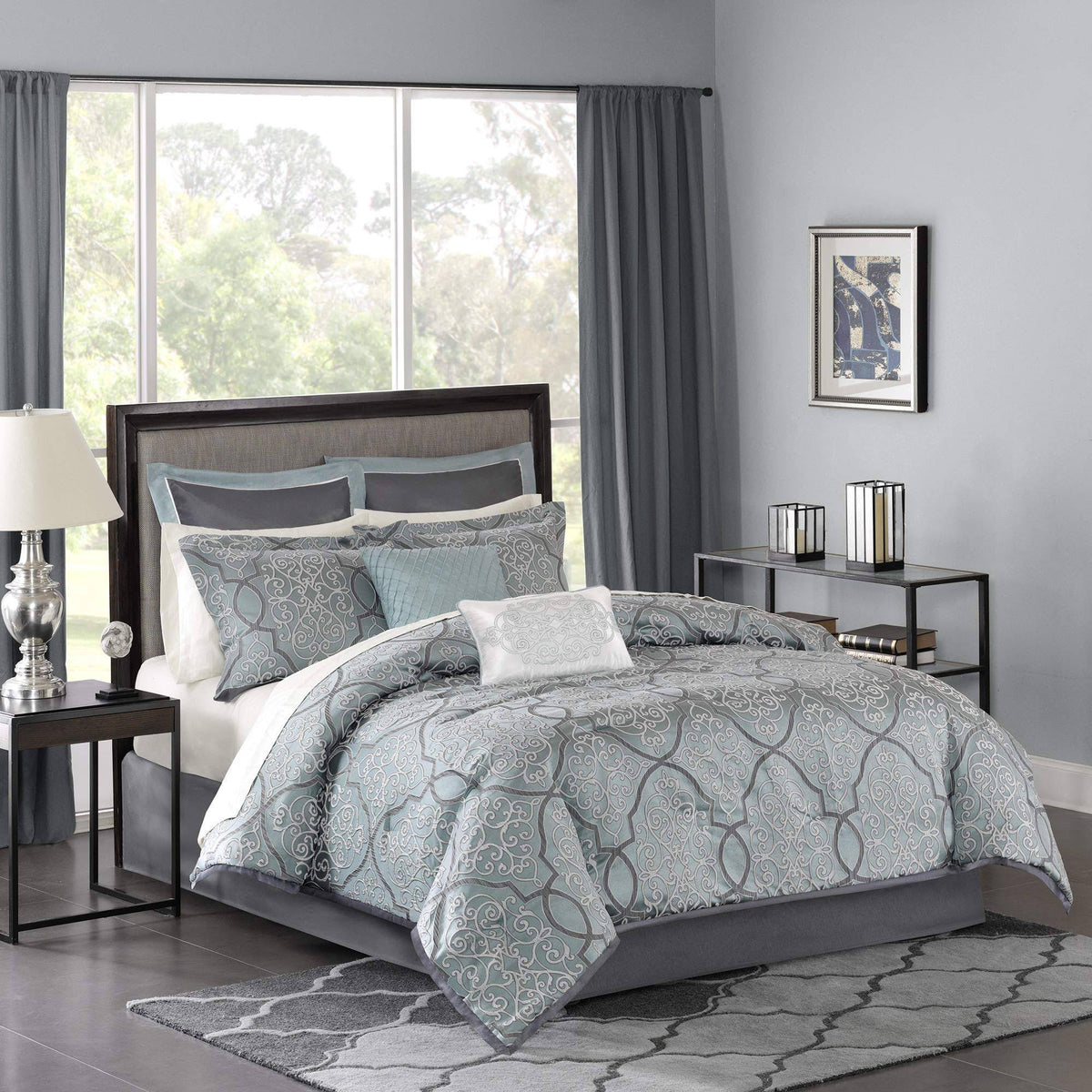 12 Piece Blue Jacquard Comforter Set H184