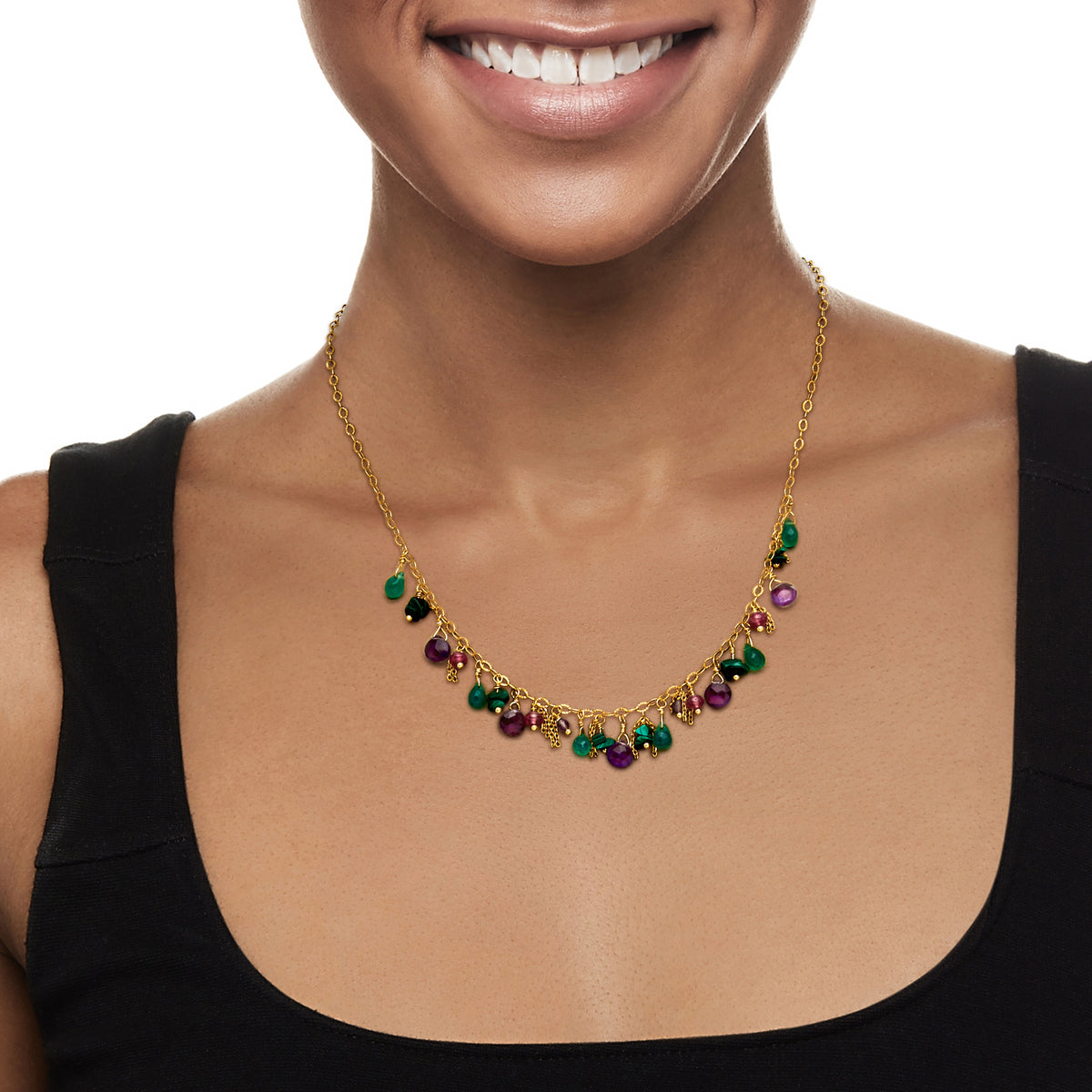 Multi-Gemstone Bead Drop Necklace in 24kt Gold Over Sterling X611