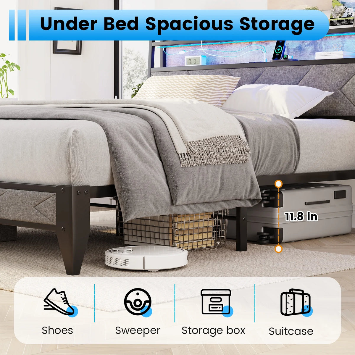 Twin Size Metal Bed Frame with Storage Headboard S4674