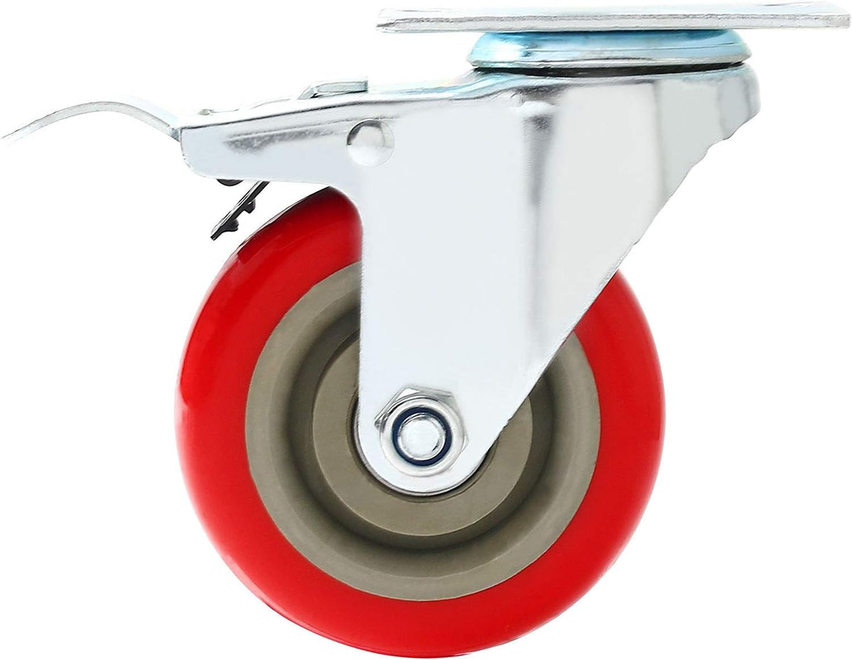 8 Pack 4 Caster Wheels Swivel 360 Degree with Brake Red Polyurethane G4109