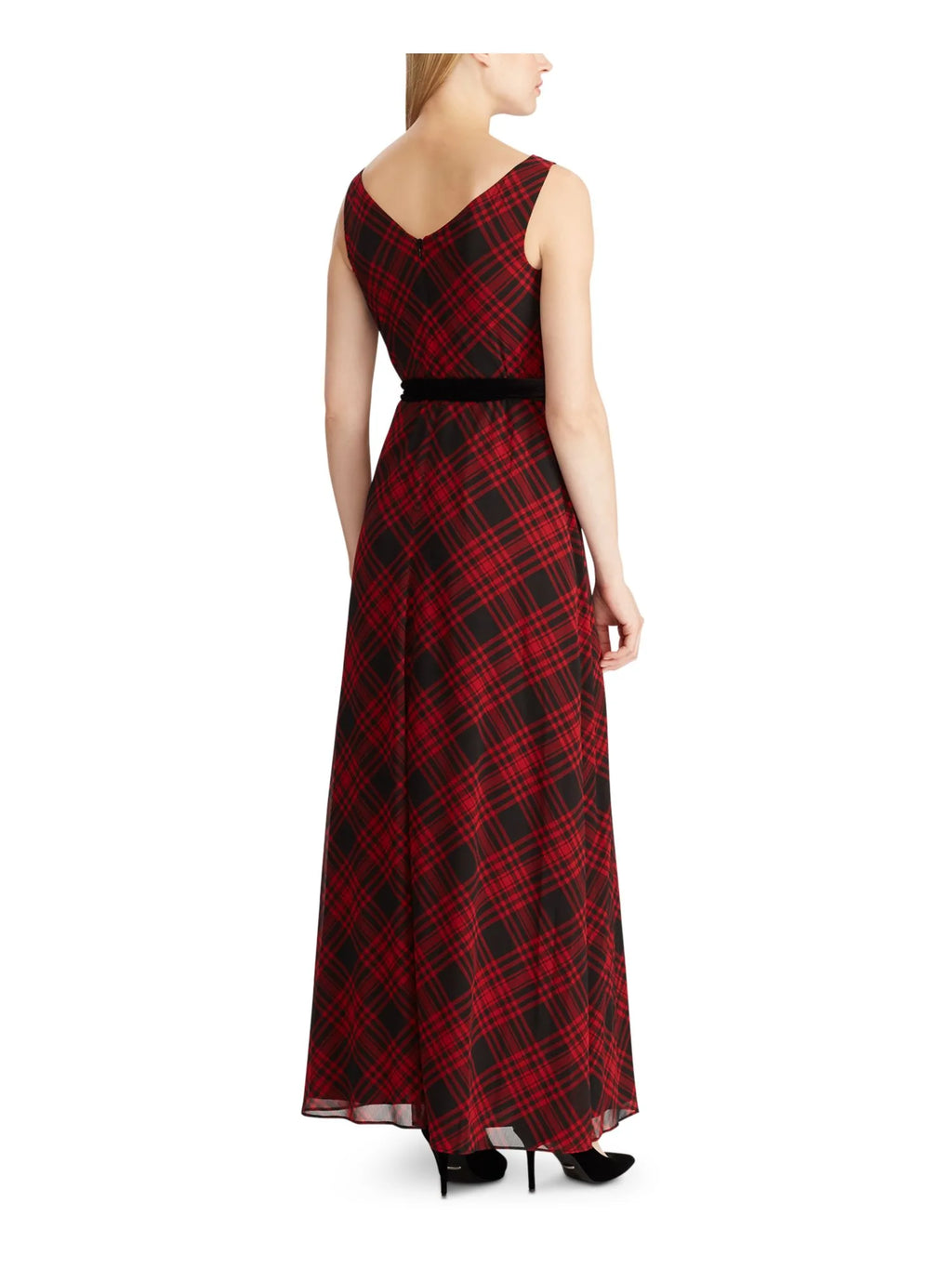 Black Plaid Sleeveless V Neck Maxi Sheath Dress P929621