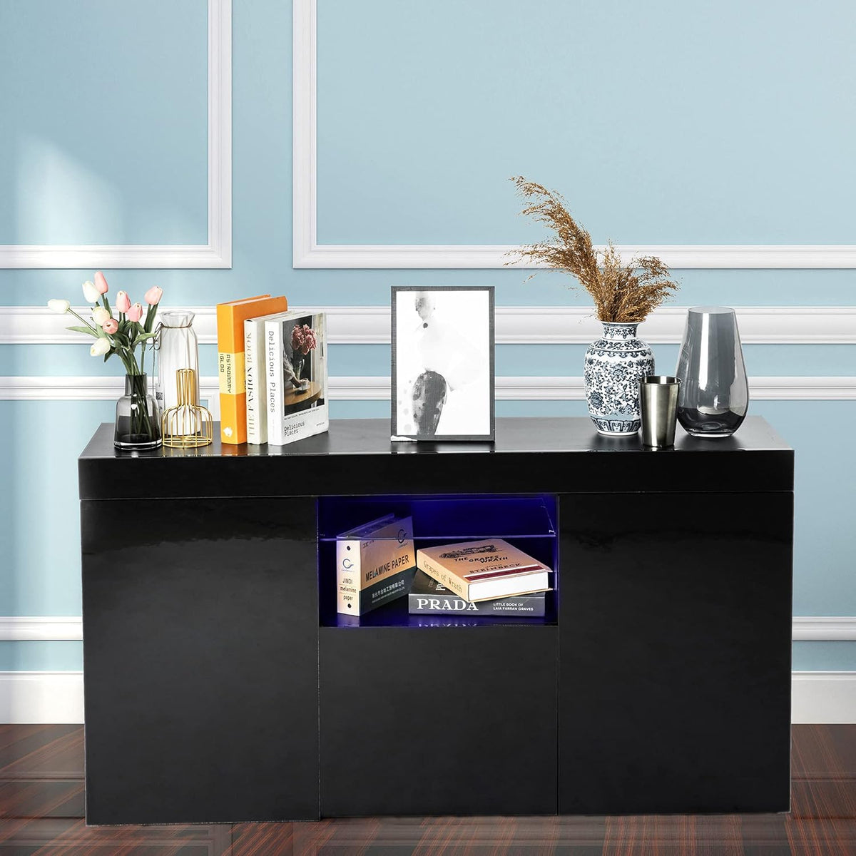 White 3 Door Sideboard Buffet Storage Cabinet with LED Light C252