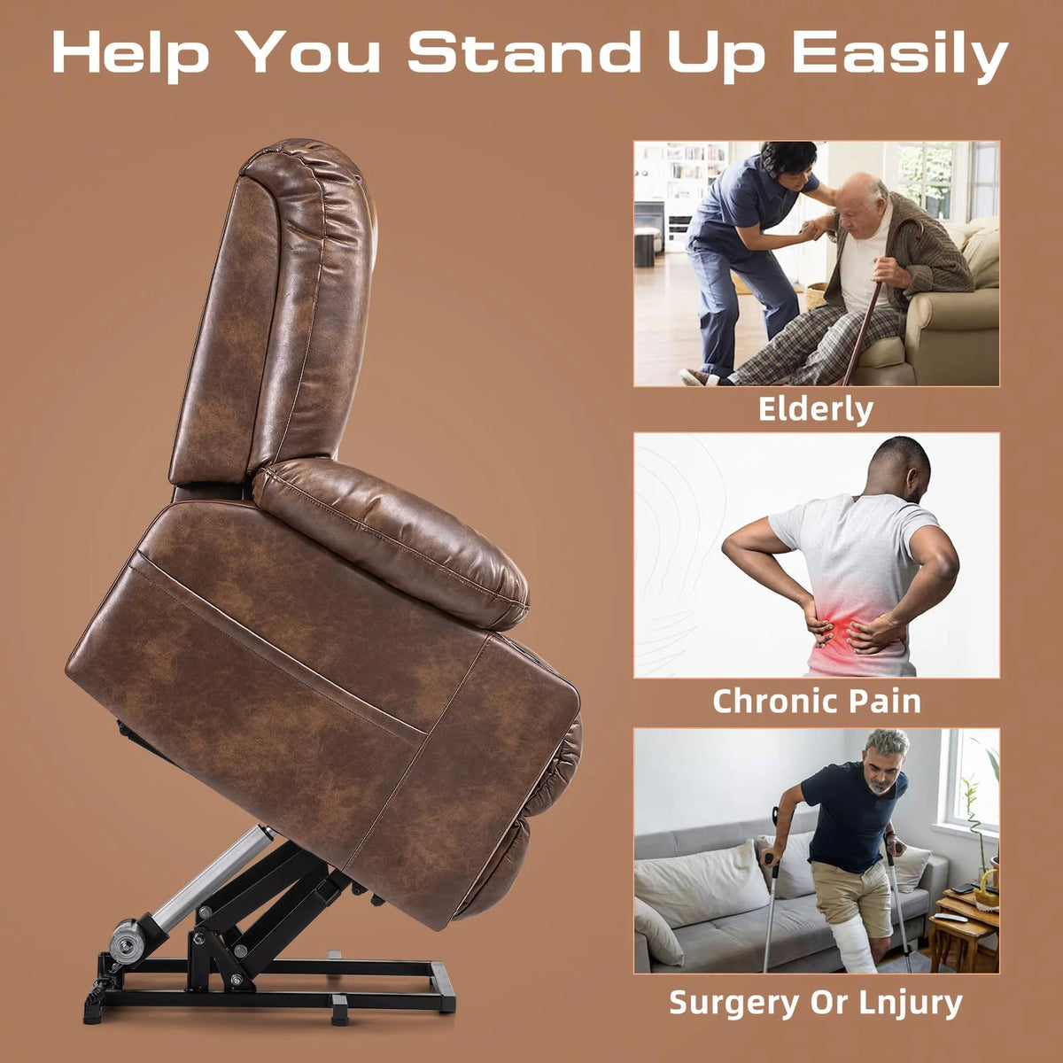 Brown Wide Breathable Leather Power Lift Recliner with Massage and Heat U943362