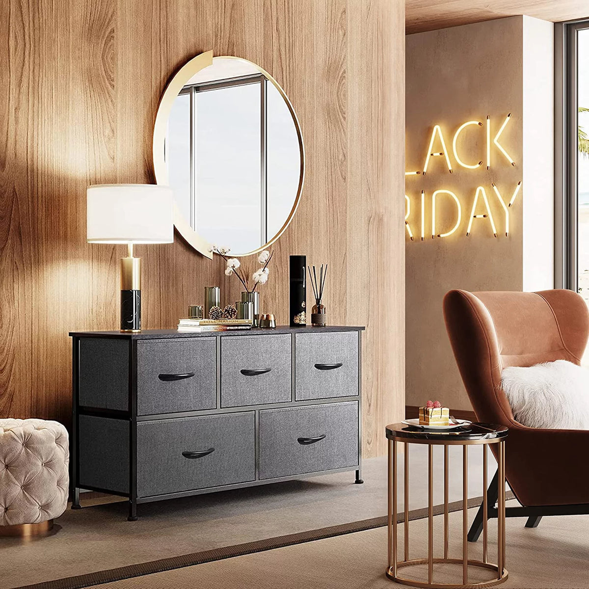 5 Drawer Fabric Dresser with Wood Top G204