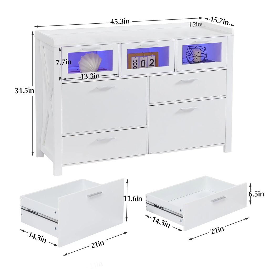 3-Piece Bedroom Set with 7 Drawers LED Dresser and 2 Nightstands, White Q447509