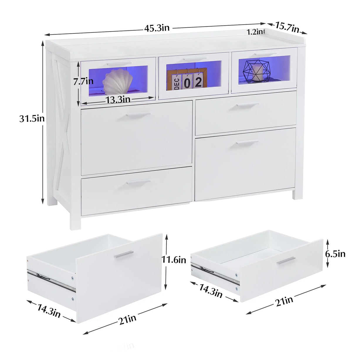 3-Piece Bedroom Set with 7 Drawers LED Dresser and 2 Nightstands, White Q447509