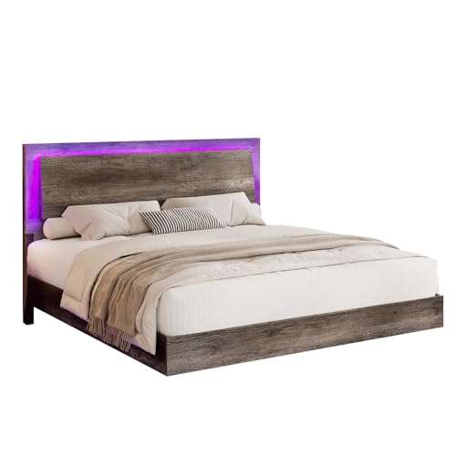 Rustic Grey Full Size Platform Bed Frame with Headboard and LED Light C322524
