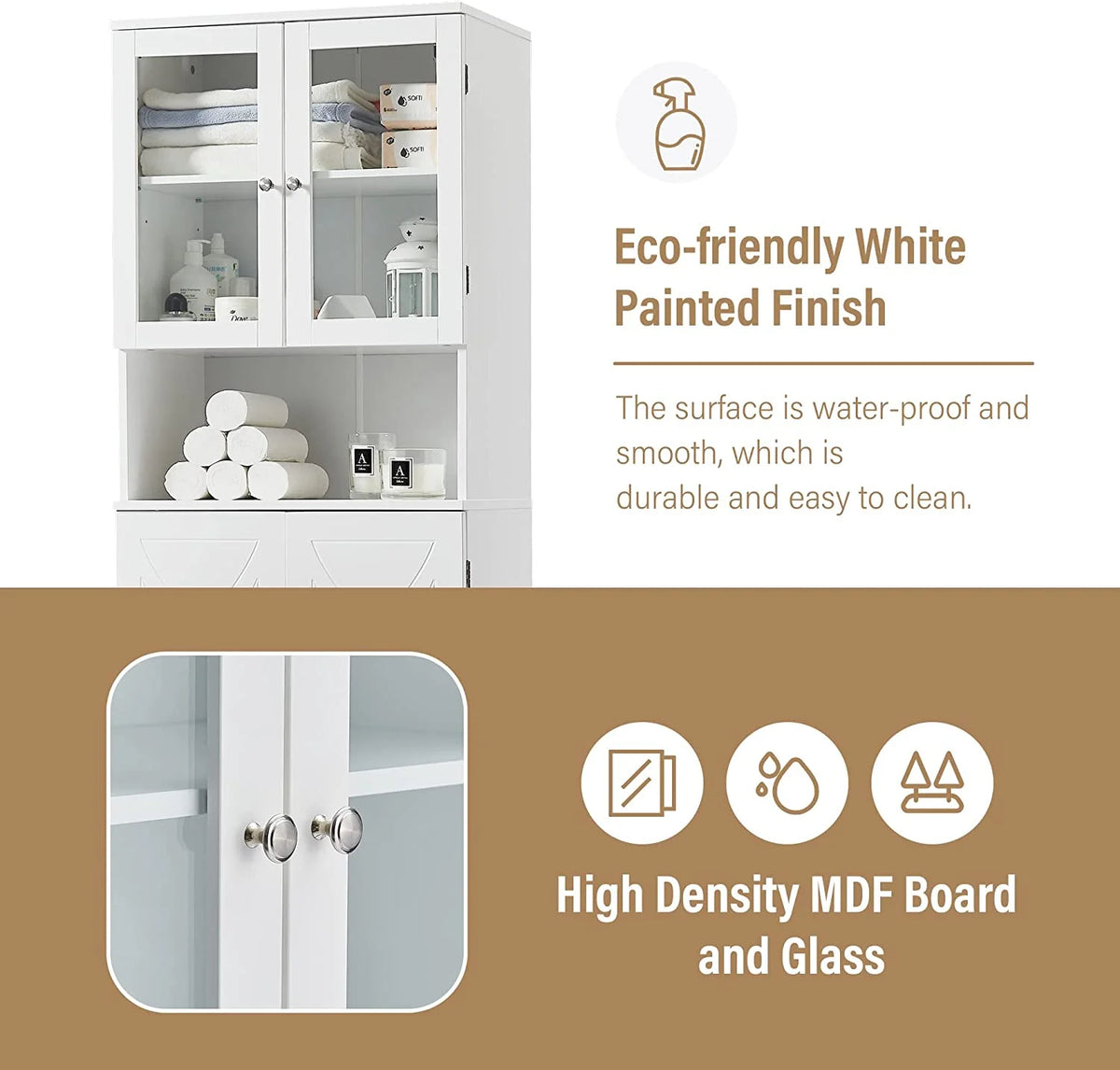 White Bathroom Storage Cabinet with Glass Doors and Adjustable Shelves Z169