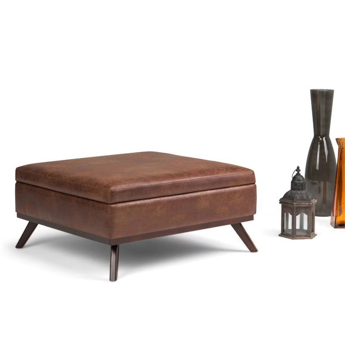 Faux Air Leather Square Coffee Table Ottoman in Saddle Brown X32547