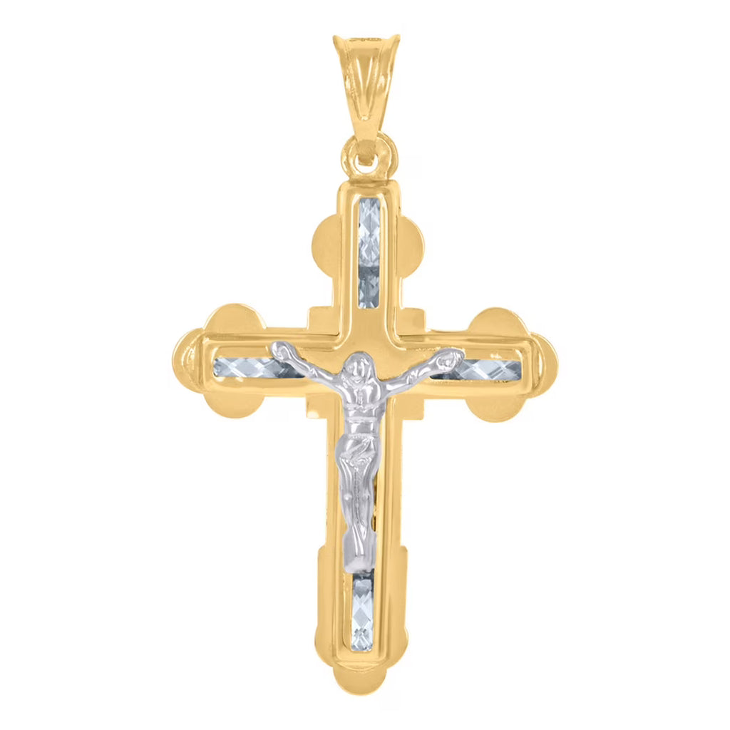 10k Two Tone Gold Mens CZ Cubic Zirconia Simulated Diamond Crucifix Cross Pendant Necklace P550