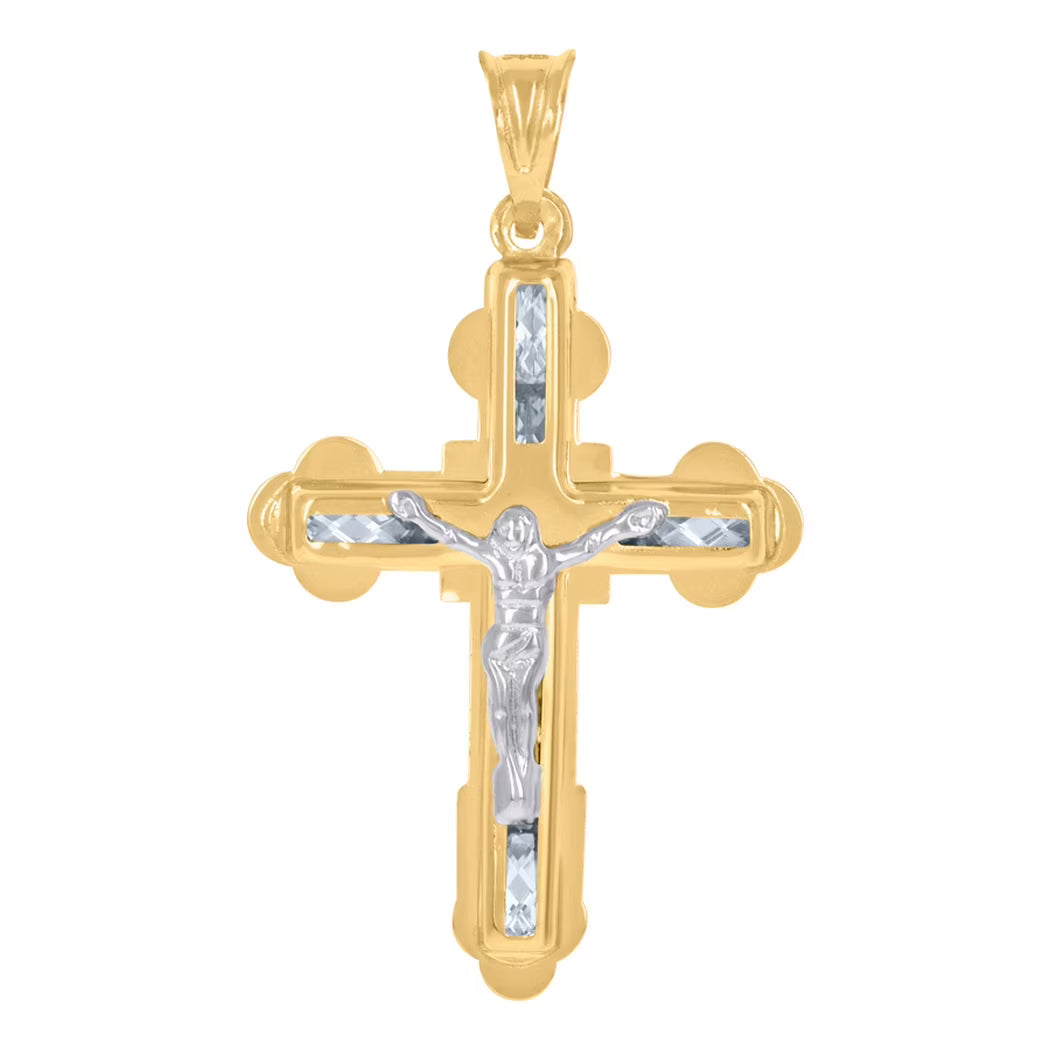 10k Two Tone Gold Mens CZ Cubic Zirconia Simulated Diamond Crucifix Cross Pendant Necklace P550