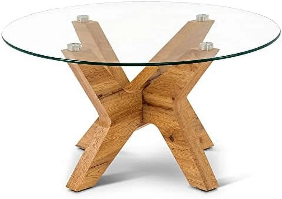 Round Glass Coffee Table with Wood Frame and Tempered Glass Top Q9859