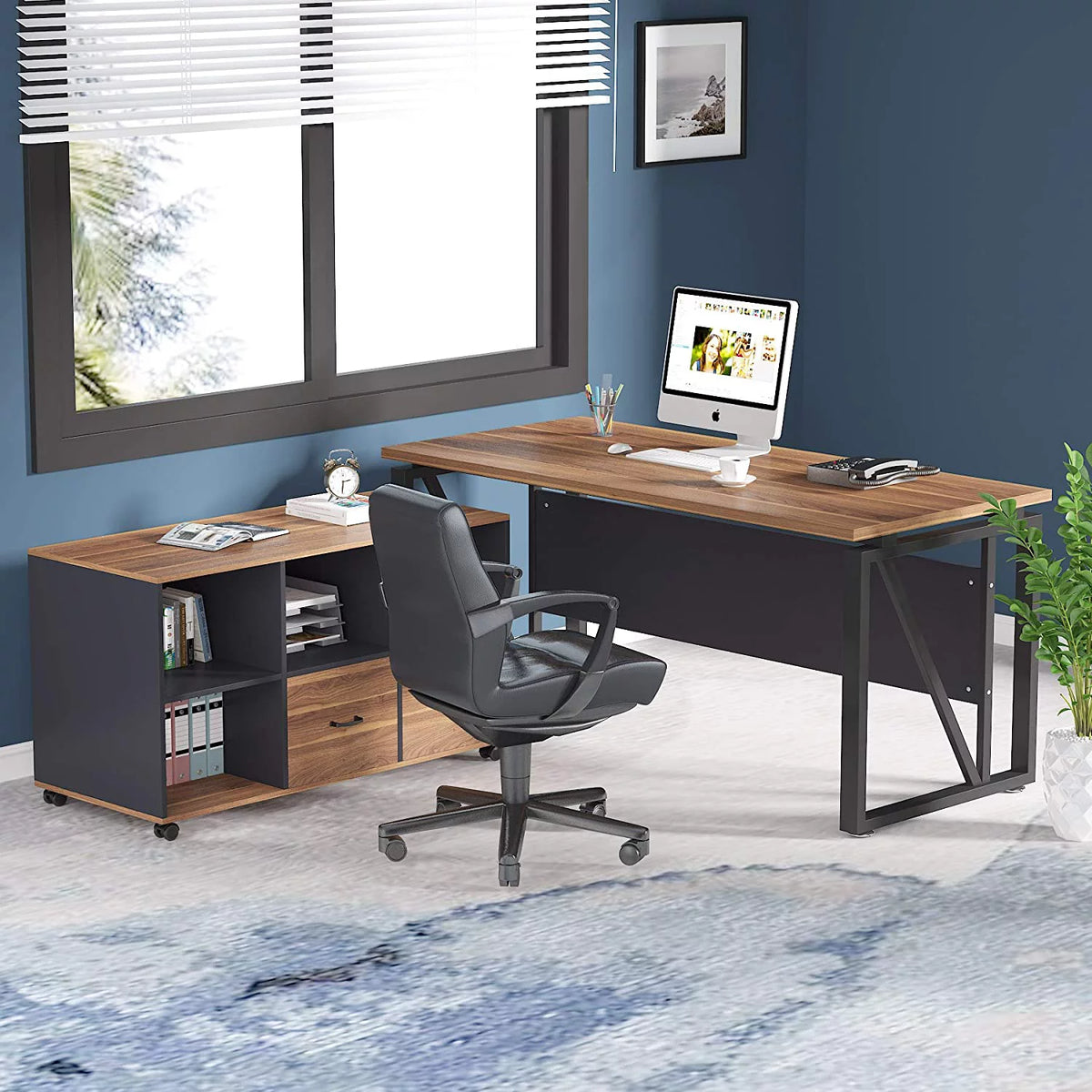L-Shaped Computer Desk with File Cabinet and Storage Shelves H666384