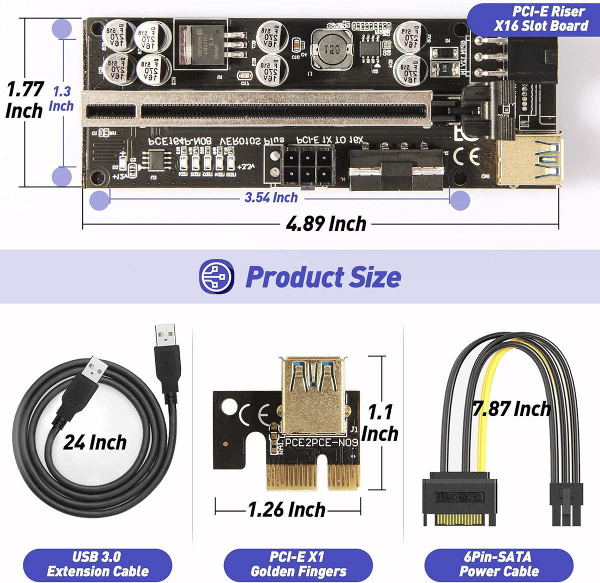 PCIE Riser Express Cable 1X to 16X with 24inches USB 3.0 Cable, 6 Pack G104066
