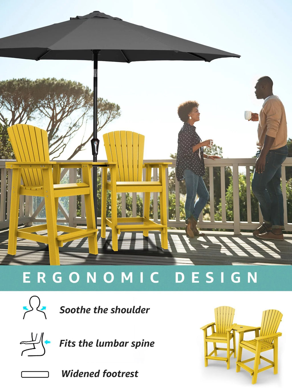 Tall Adirondack Chair Set with 2 Barstools and Connecting Tray U4696