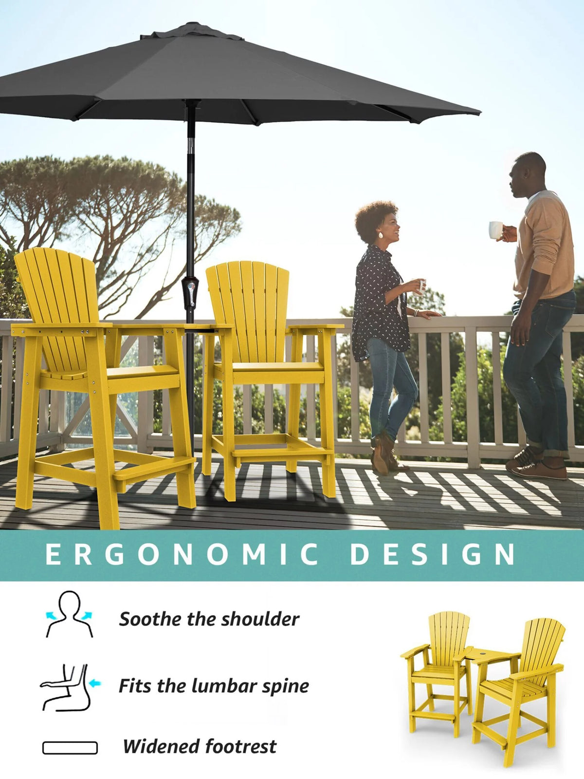 Tall Adirondack Chair Set with 2 Barstools and Connecting Tray U4696