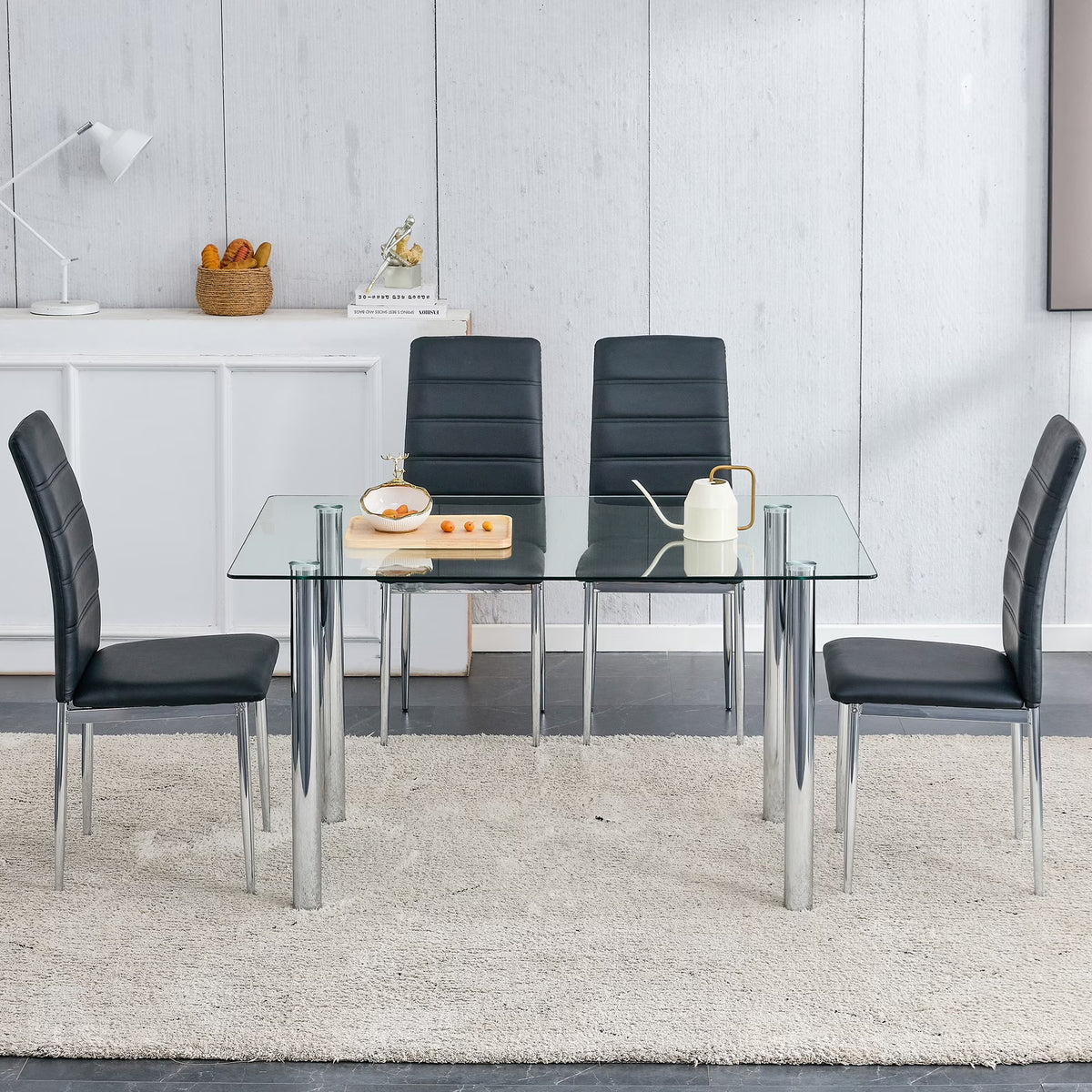 5 Piece Glass Dining Table Set with 4 Black PU Leather Chairs and Metal Legs L613153