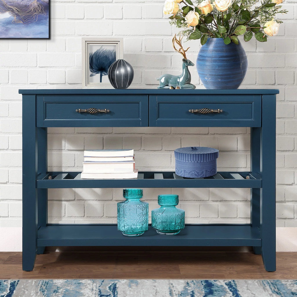 Navy Blue 42'' Solid Wood Console Sofa Table with 2 Drawers and 2 Shelves A414