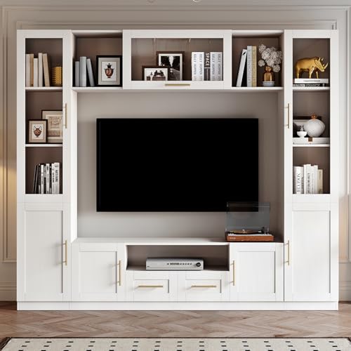 White 4-Piece Large TV Stand Wall Unit with Bookshelves E754862
