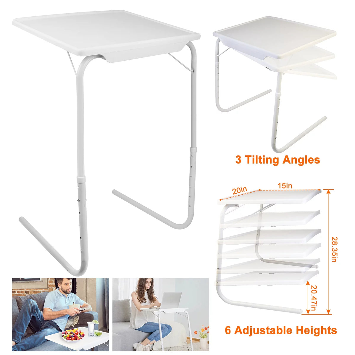 White Folding Snack TV Tray Table, Adjustable Height & Angle Tray, 20" x 15" I191