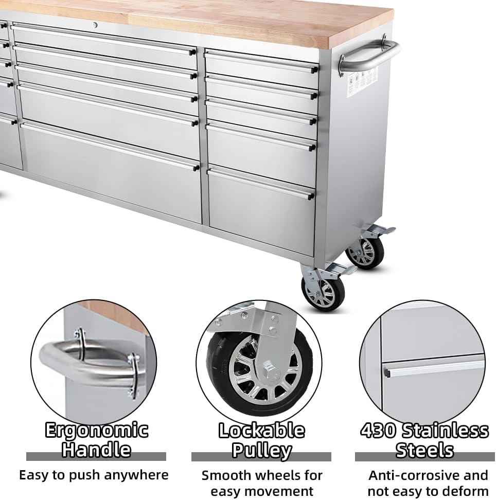 72-inch Stainless Steel Rolling Tool Chest with 15 Drawers C68048