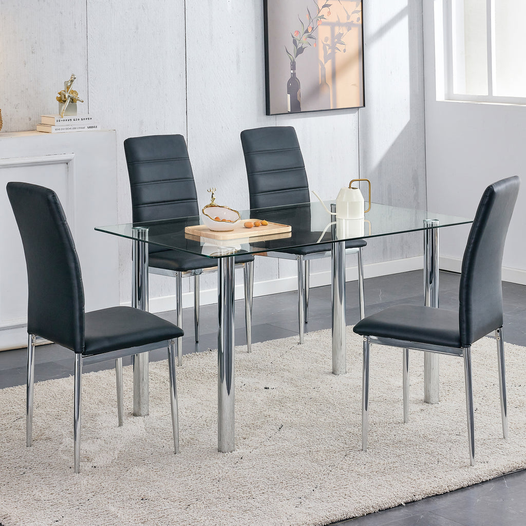 5 Piece Glass Dining Table Set with 4 Black PU Leather Chairs and Metal Legs L613153
