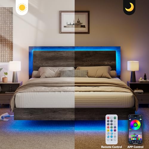 Rustic Grey Full Size Platform Bed Frame with Headboard and LED Light C322524