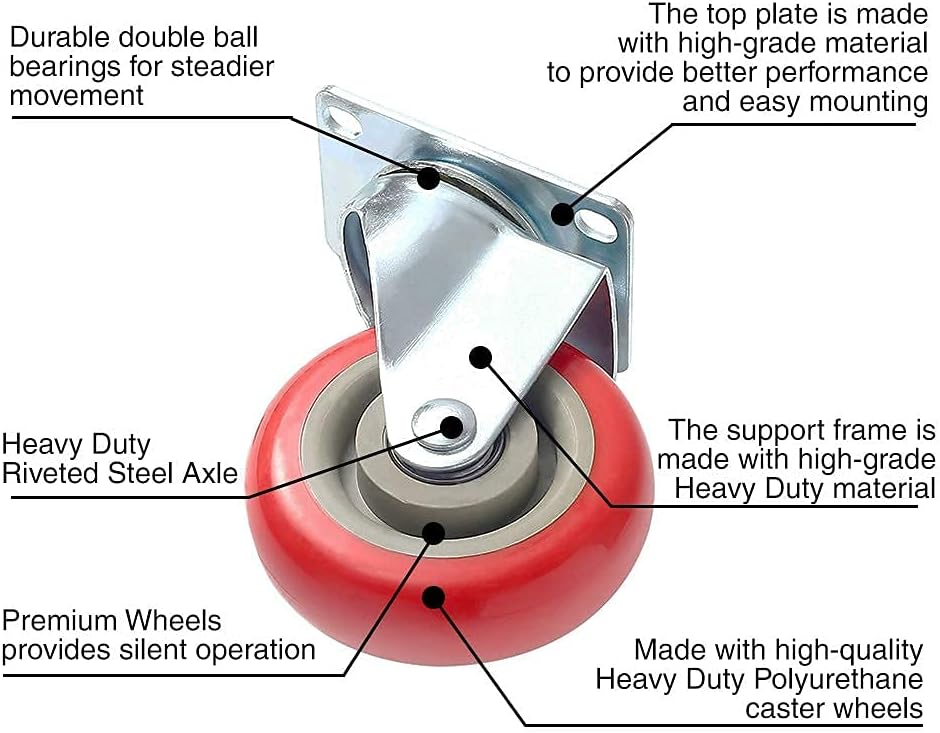 8 Pack 4 Caster Wheels Swivel 360 Degree with Brake Red Polyurethane G4109
