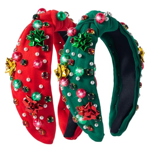 2 Pack Red Green Pearl Rhinestone Crystal Christmas Headband A31857