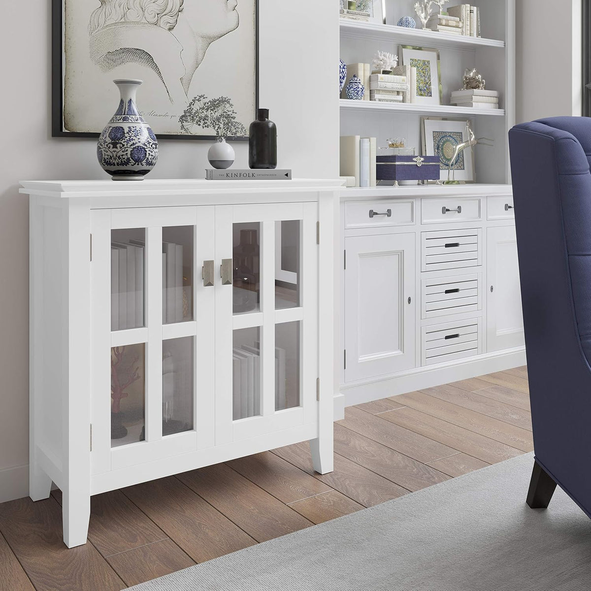 White 30 inch Wide Low Storage Cabinet with 2 Tempered Glass Doors E458208