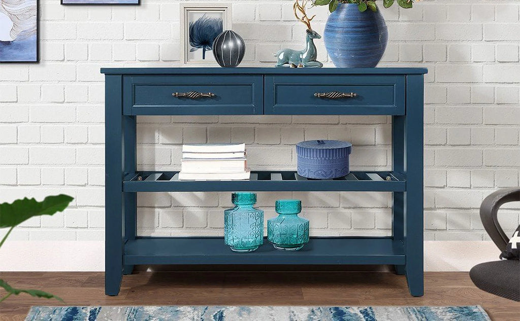 Navy Blue 42'' Solid Wood Console Sofa Table with 2 Drawers and 2 Shelves A414