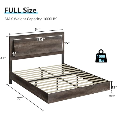 Rustic Grey Full Size Platform Bed Frame with Headboard and LED Light C322524