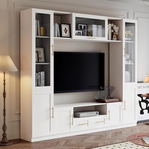 White 4-Piece Large TV Stand Wall Unit with Bookshelves E754862
