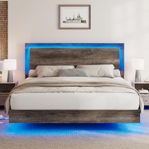 Rustic Grey Full Size Platform Bed Frame with Headboard and LED Light C322524