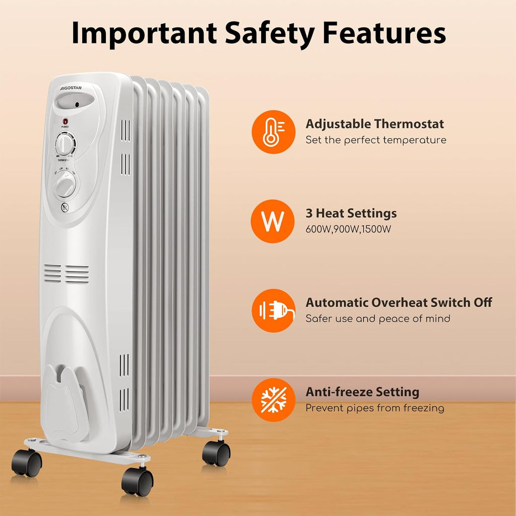 1500W Oil Filled Radiator Heater with 3 Heat Settings O474